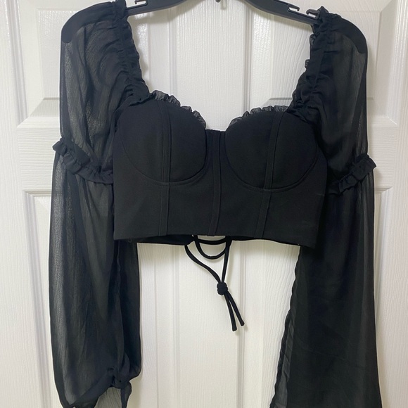 boho bohemian black feminine puff flowy sleeve corset style top sheer lace tie - Picture 2 of 7